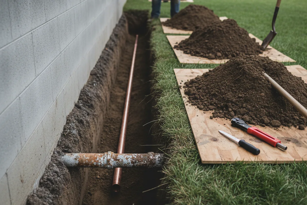 Excavated water line trench during Sewer Line Repair in Rossburg